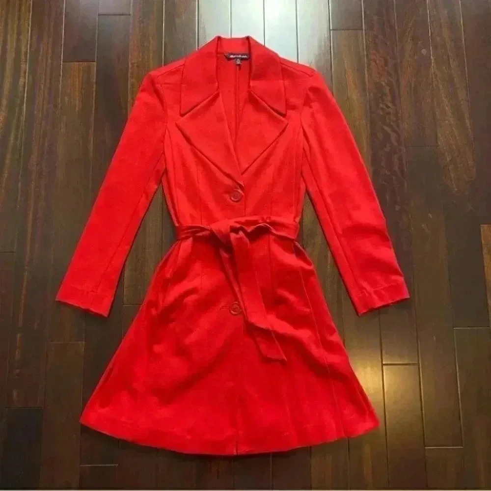 Vintage Le Chateau Trench Coat Red Ponte Knit Duster Blazer Belted Y2K Small - Picture 14 of 16